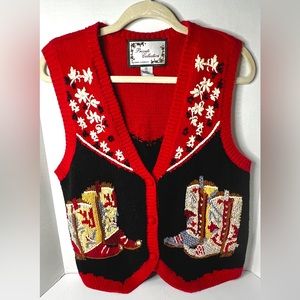 Vintage Private Collection Western Cowboy Boots Knit Sweater Vest SMALL